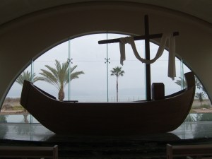 Pulpit and Table of chancel area in new sanctuary overlooking Sea of Galilee in Magdala.